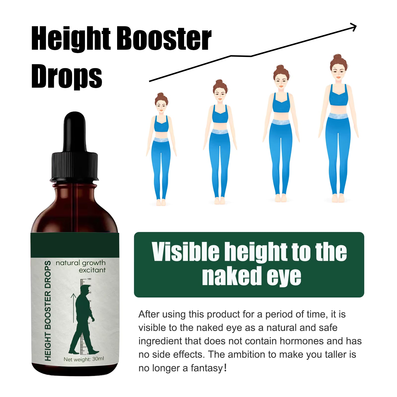 Height Booster Drops 30ml – Natural Growth Support Formula – Improve Height Potential & Bone Strength